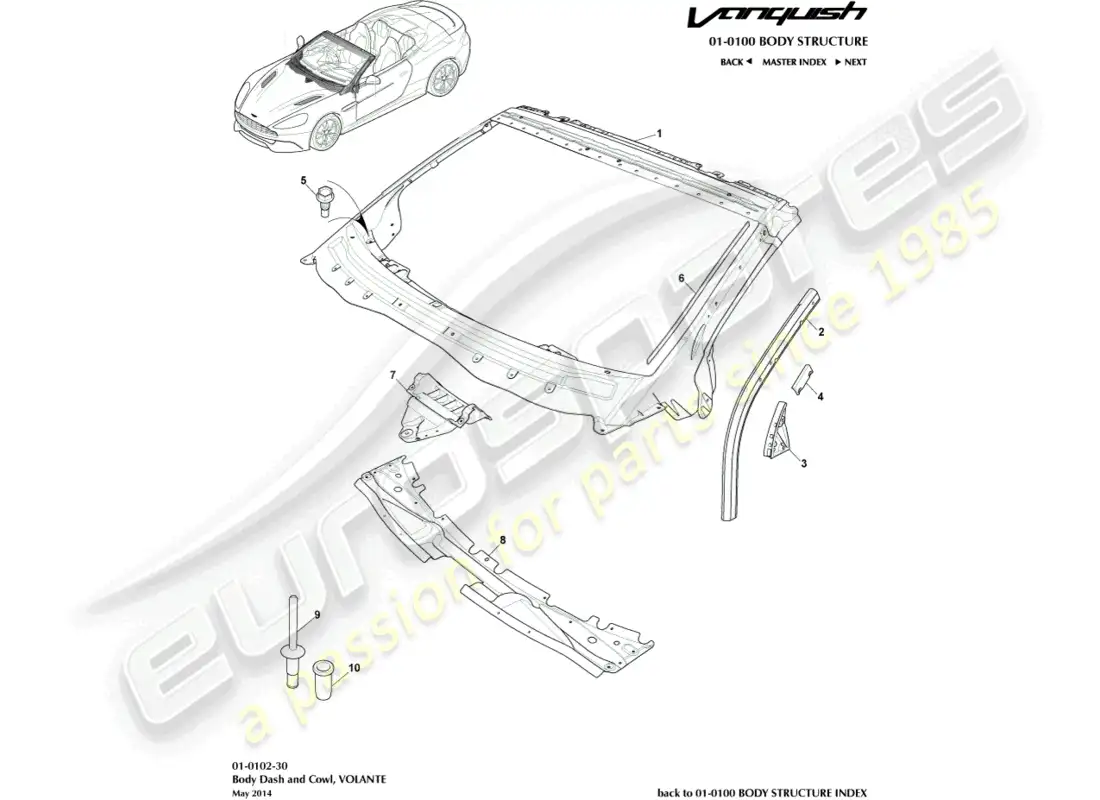 aston martin vanquish (2018) body dash & cowl, volante parts diagram