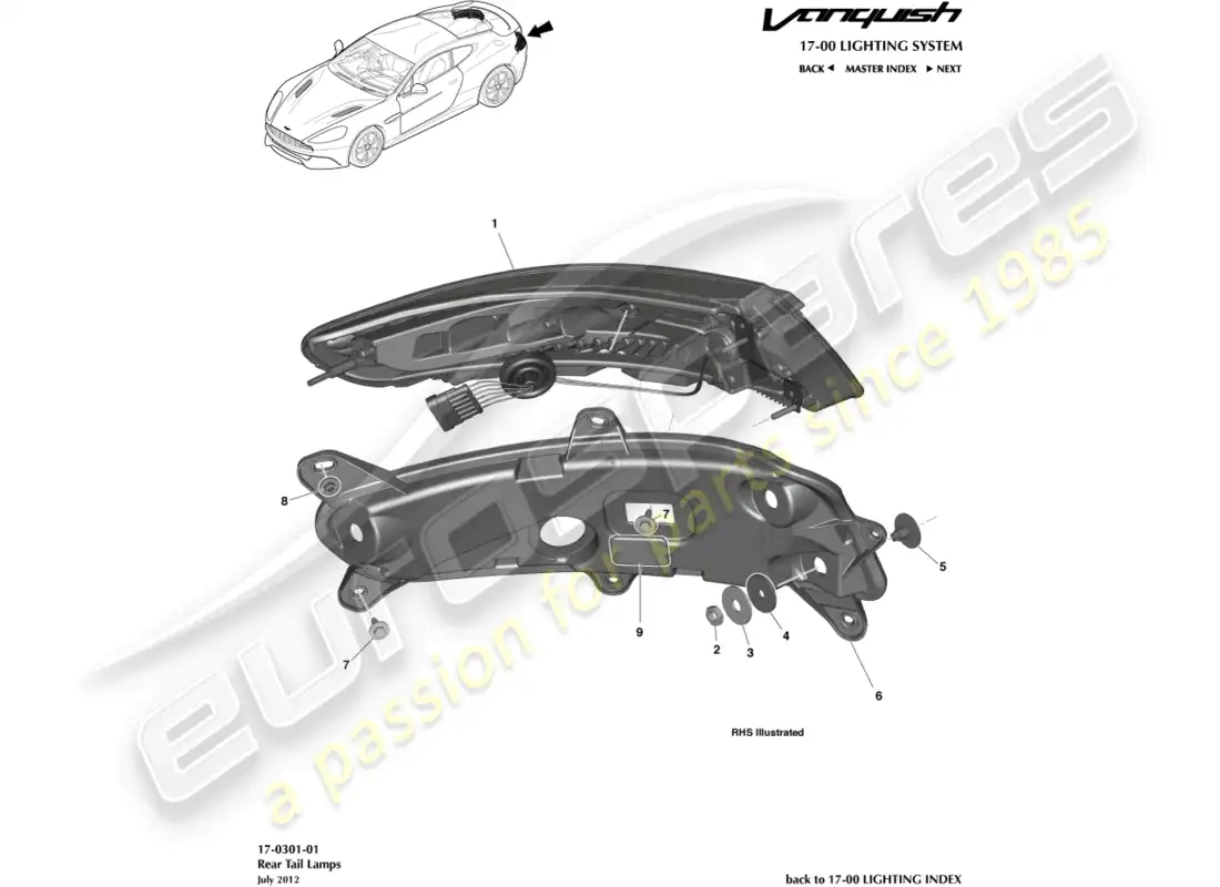 aston martin vanquish (2018) rear lamps parts diagram