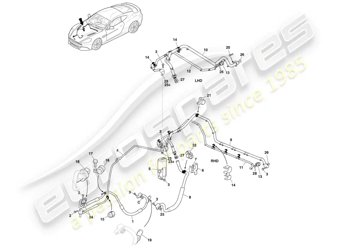 aston martin vanquish (2014) air con lines, r134a gas parts diagram