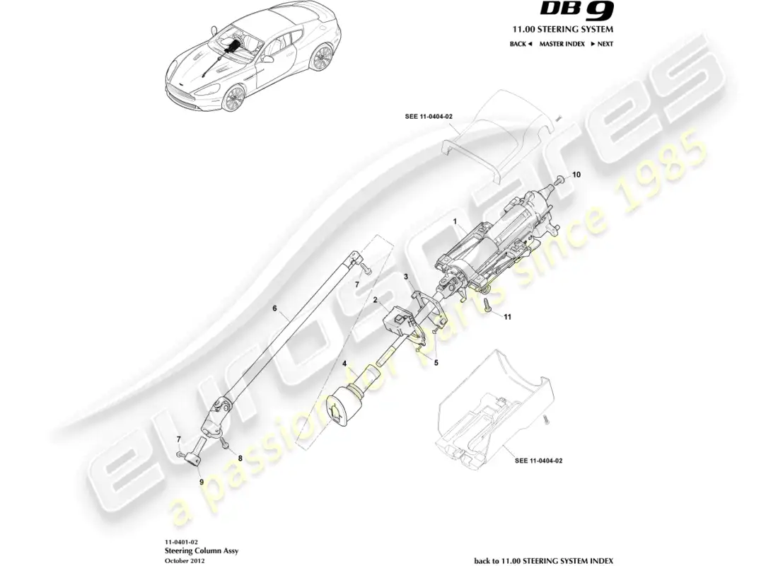 aston martin db9 (2015) steering column assembly parts diagram