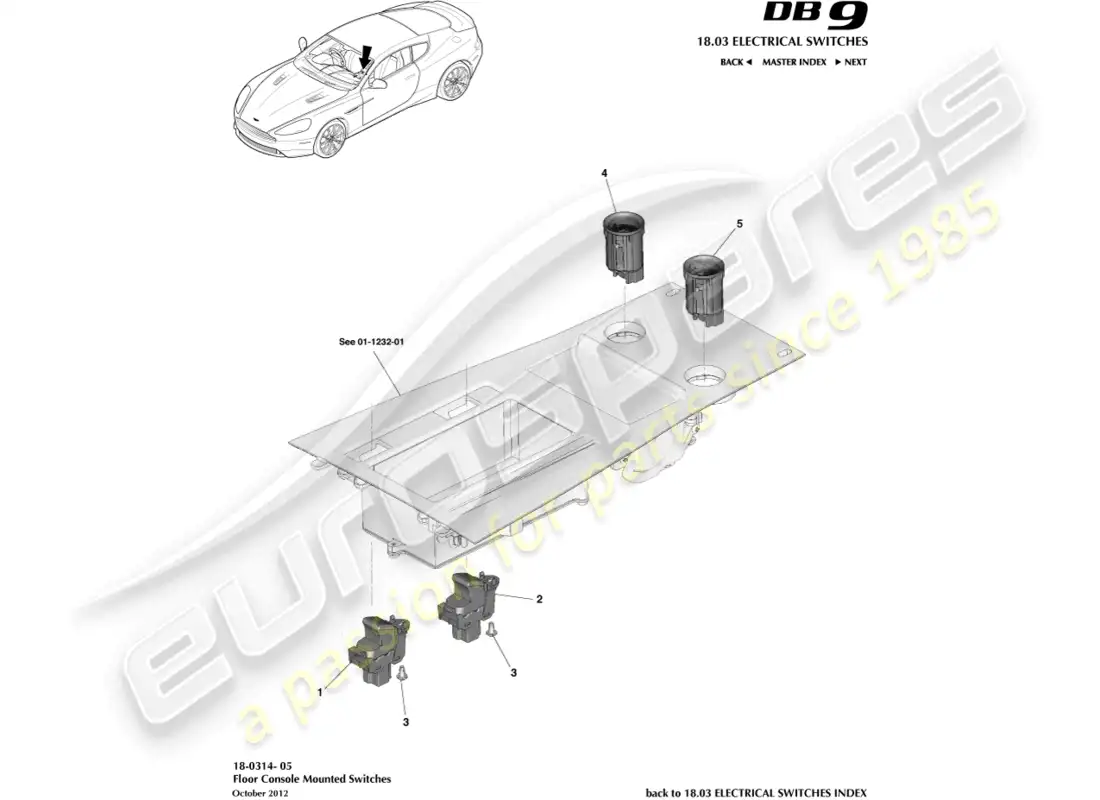 aston martin db9 (2014) floor console switches parts diagram