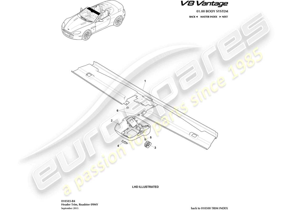 aston martin vantage gt8 (2017) header trim, roadster 09my part diagram