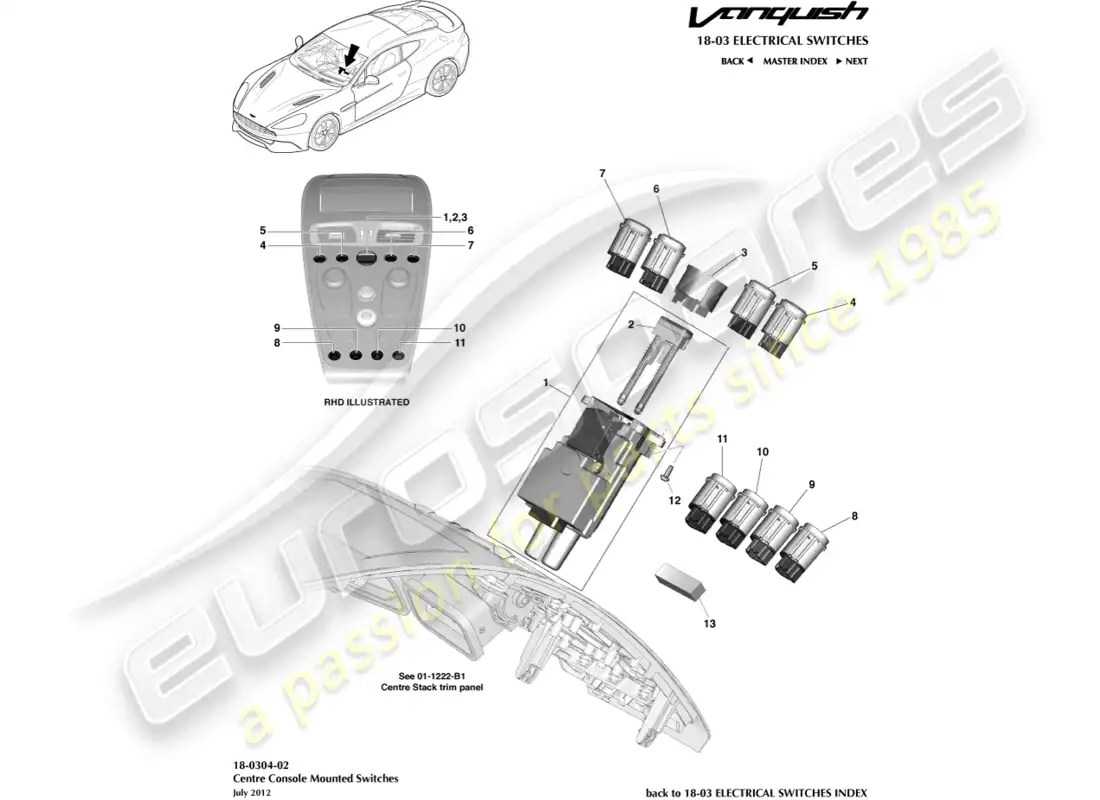 aston martin vanquish (2015) centre console switches parts diagram