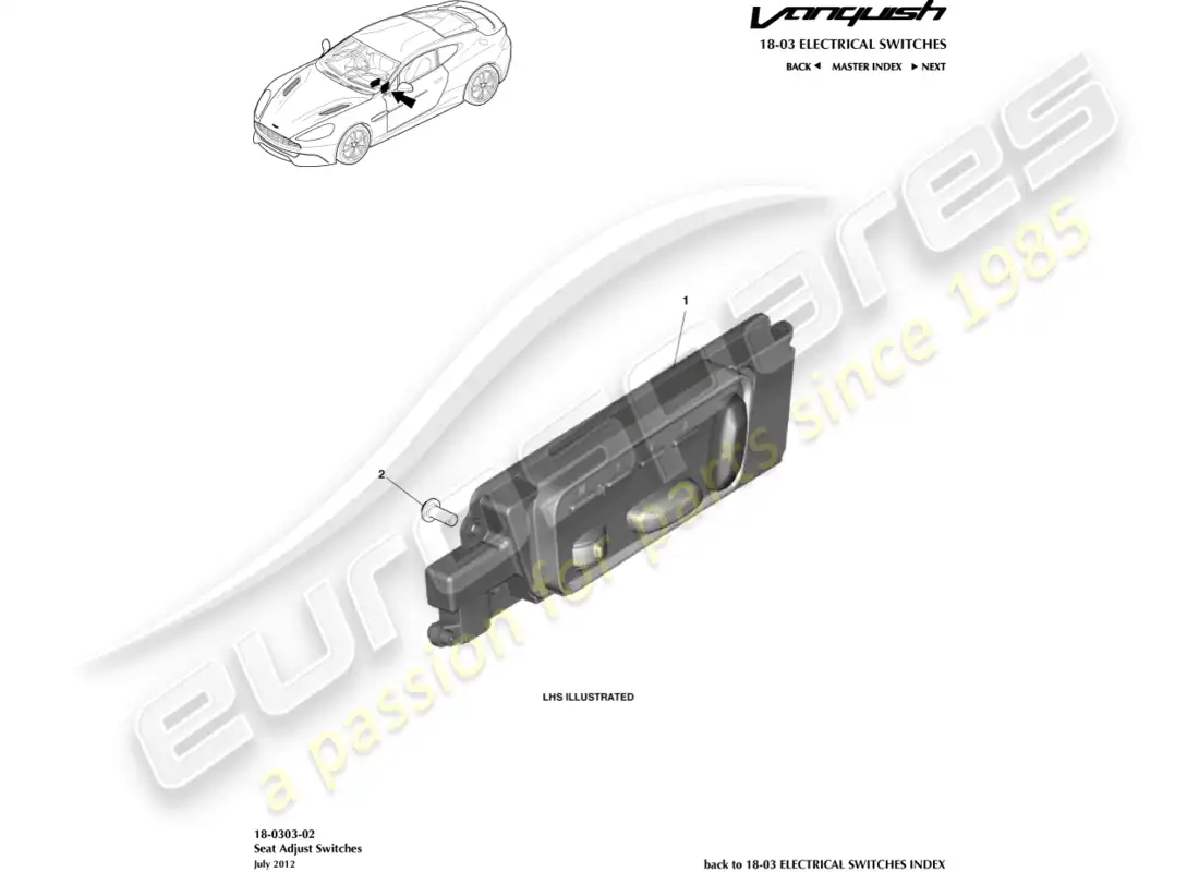 aston martin vanquish (2015) seat adjustment switches parts diagram