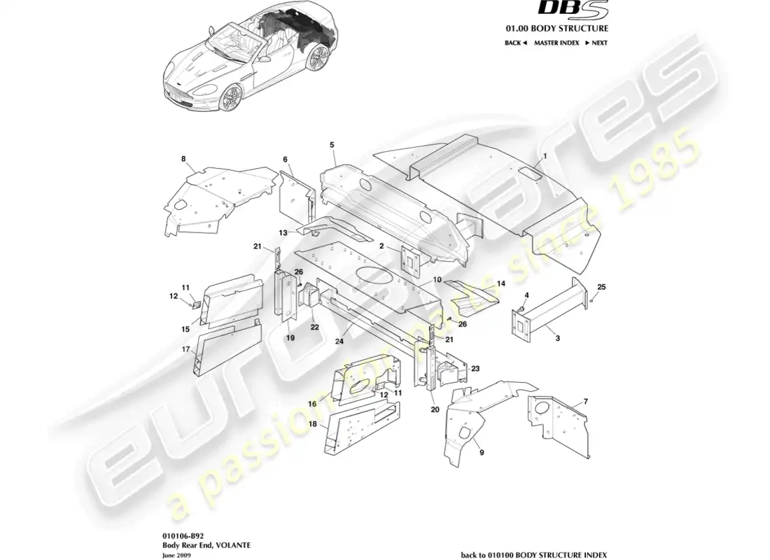 aston martin dbs (2009) body rear end, volante parts diagram