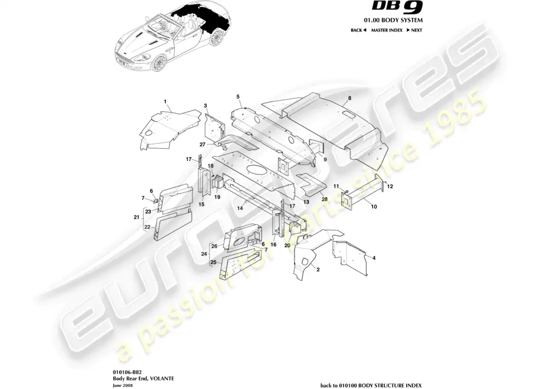 aston martin db9 (2005) body rear end, volante parts diagram