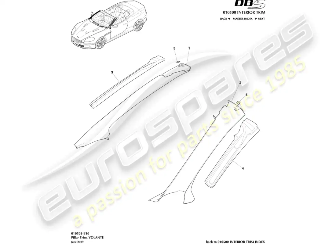 aston martin dbs (2010) pillar trim, upper, volante parts diagram