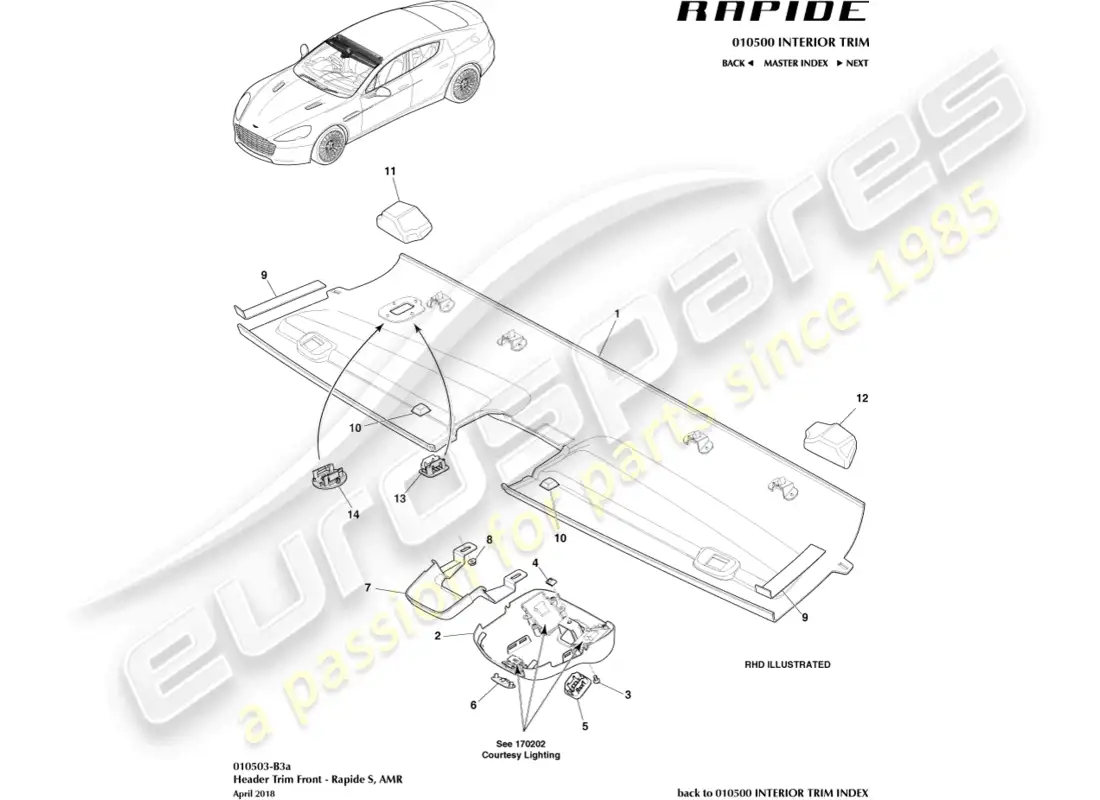 aston martin rapide (2017) front header trim, s parts diagram
