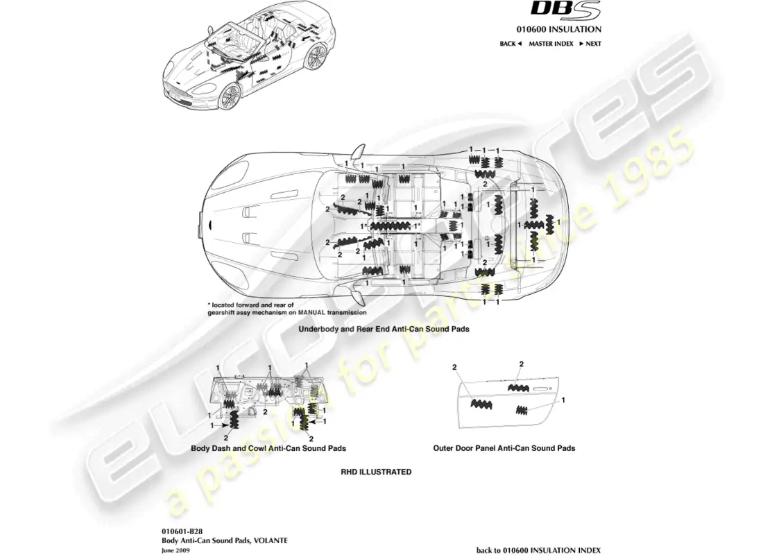 aston martin dbs (2012) anti-can sound pads, volante parts diagram