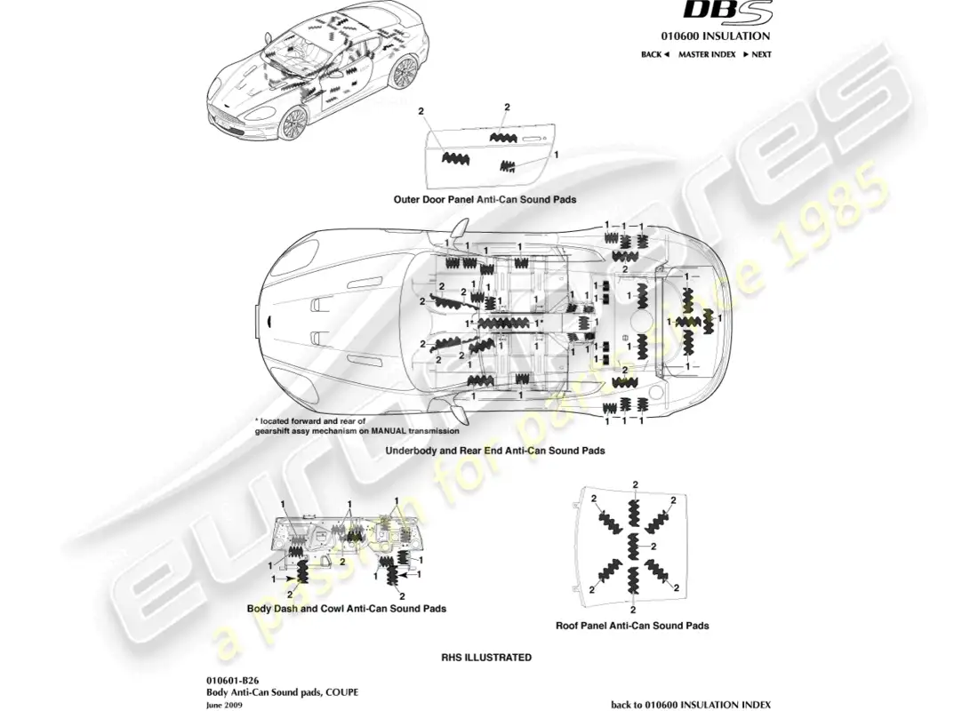 aston martin dbs (2012) anti-can sound pads, coupe parts diagram