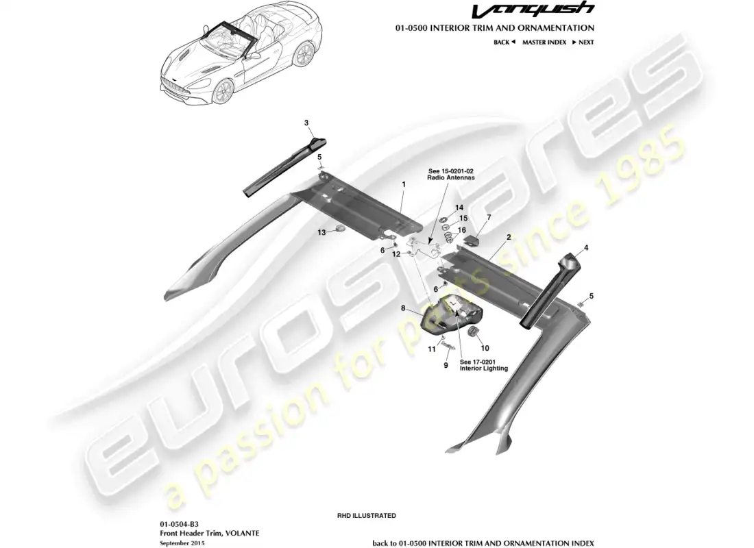 aston martin vanquish (2016) front header trim, volante parts diagram
