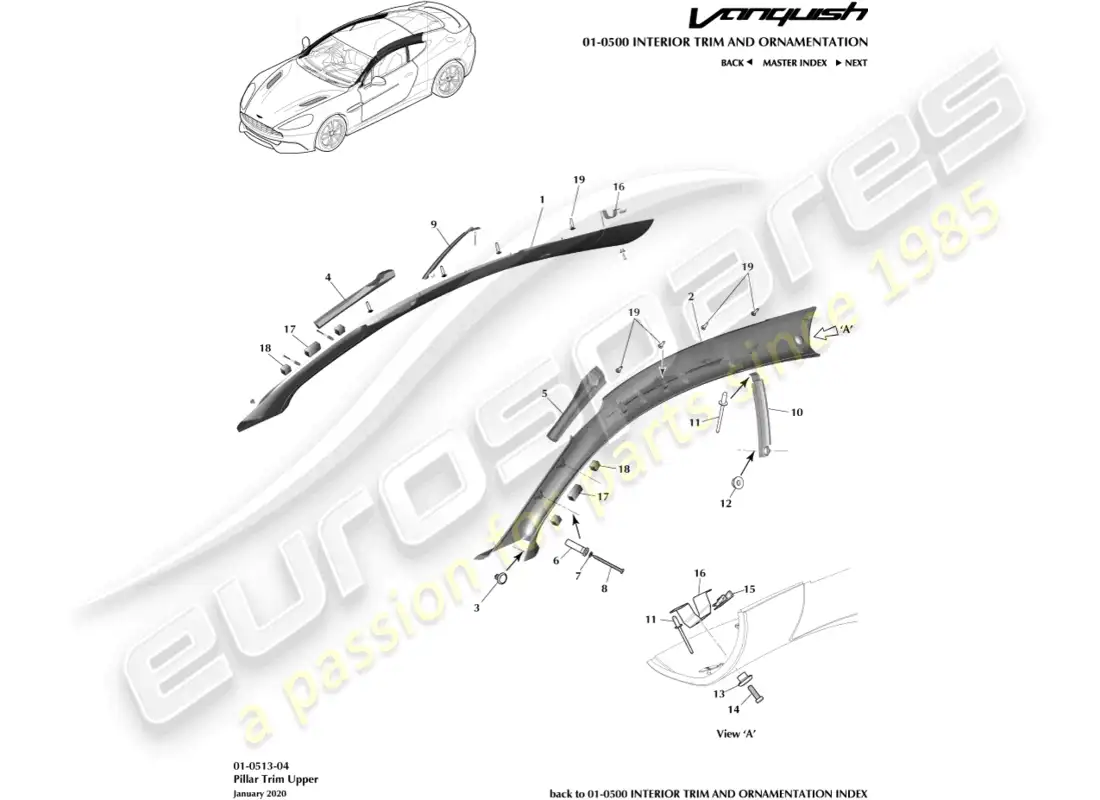 aston martin vanquish (2016) pillar trim, upper, coupe parts diagram