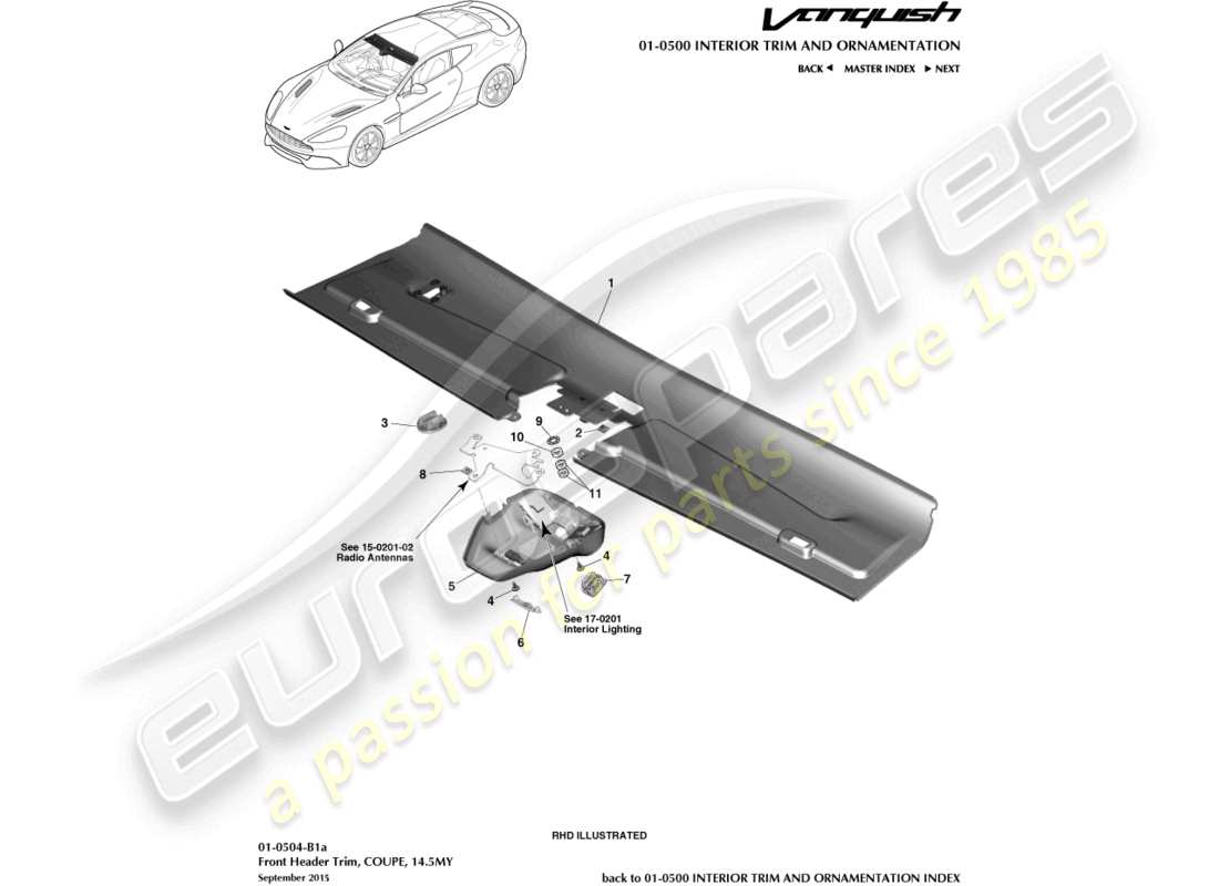 aston martin vanquish (2018) front header trim, coupe 14.5my part diagram