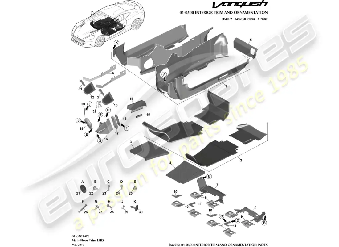 aston martin vanquish (2018) main floor trim, lhd parts diagram