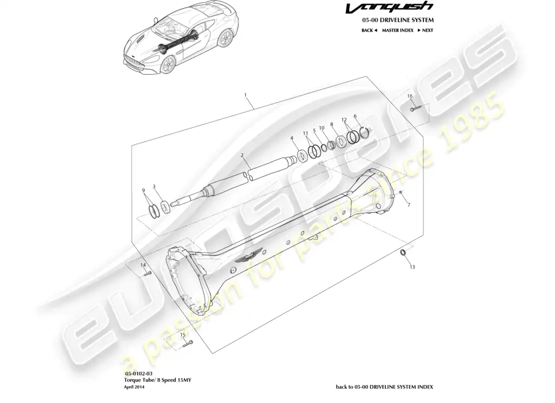 aston martin vanquish (2017) torque tube assembly, 8 spd parts diagram