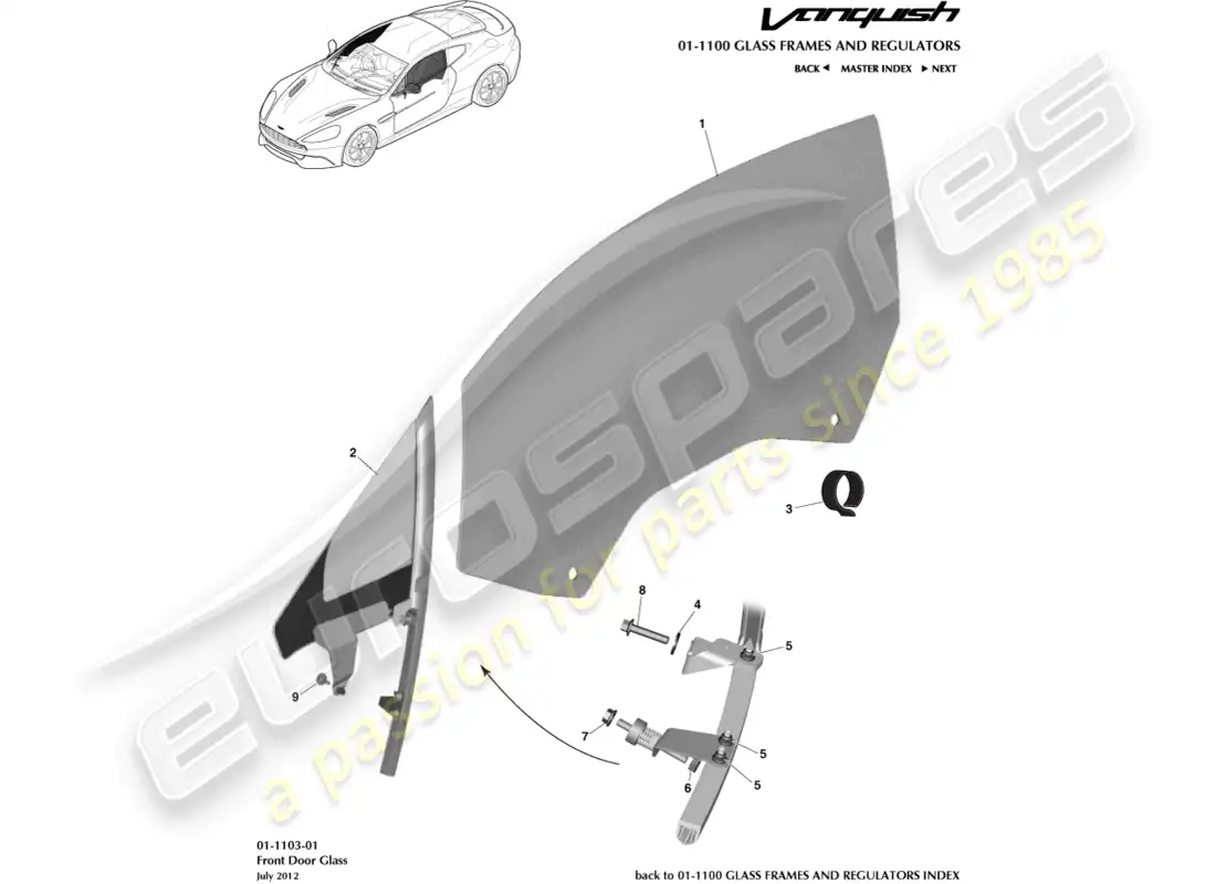 aston martin vanquish (2015) front door glass parts diagram
