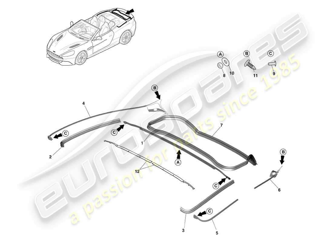 aston martin vanquish (2013) rear closure weatherstrips, volante part diagram