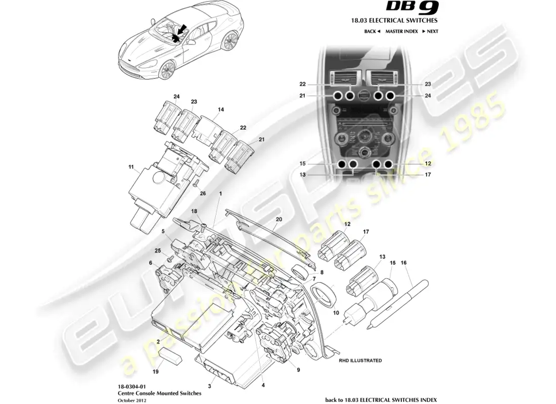 aston martin db9 (2017) centre console switches, to 16my parts diagram