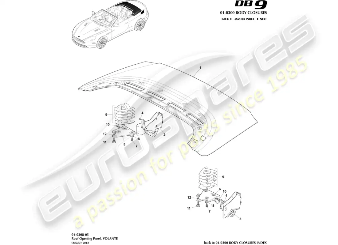 aston martin db9 (2016) roof opening panel, volante parts diagram
