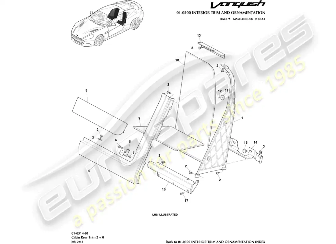 aston martin vanquish (2016) cabin rear trim, 2+0 coupe parts diagram