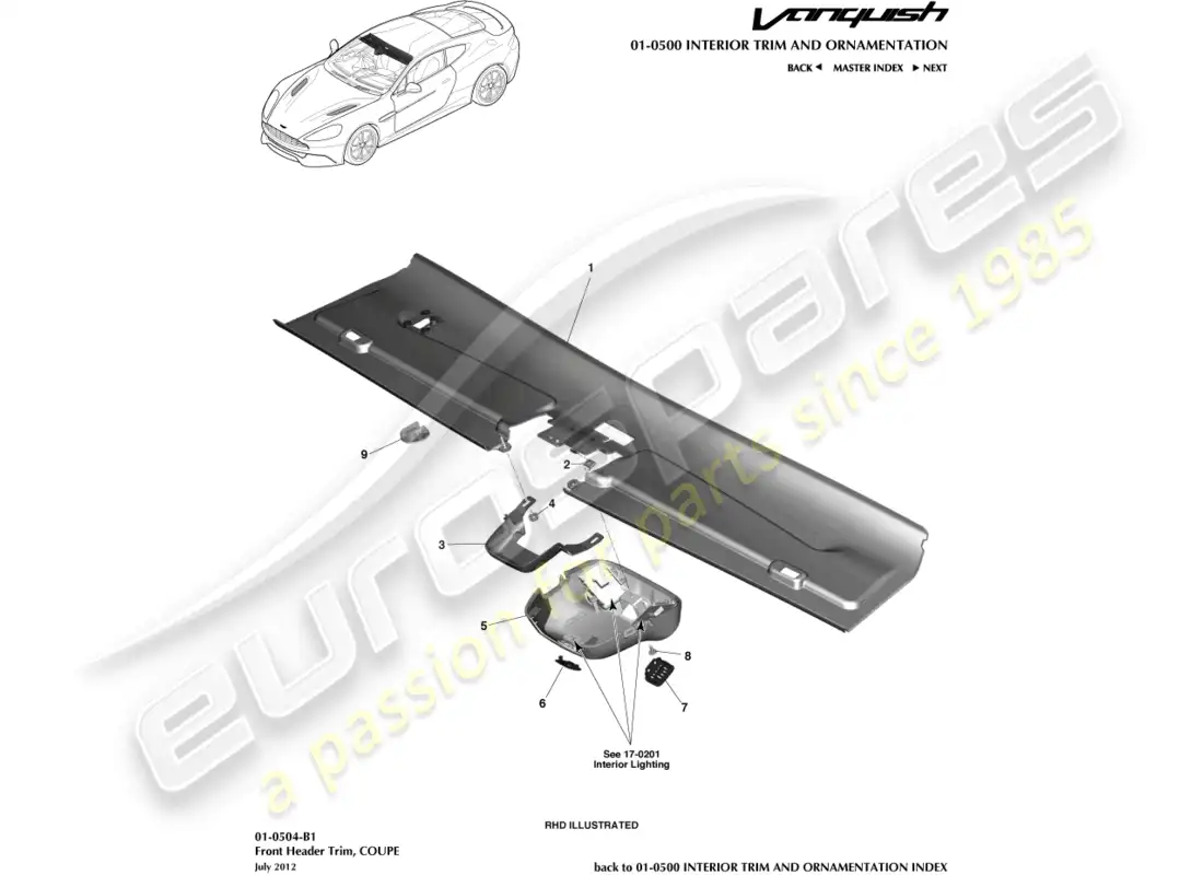 aston martin vanquish (2016) front header trim, coupe parts diagram