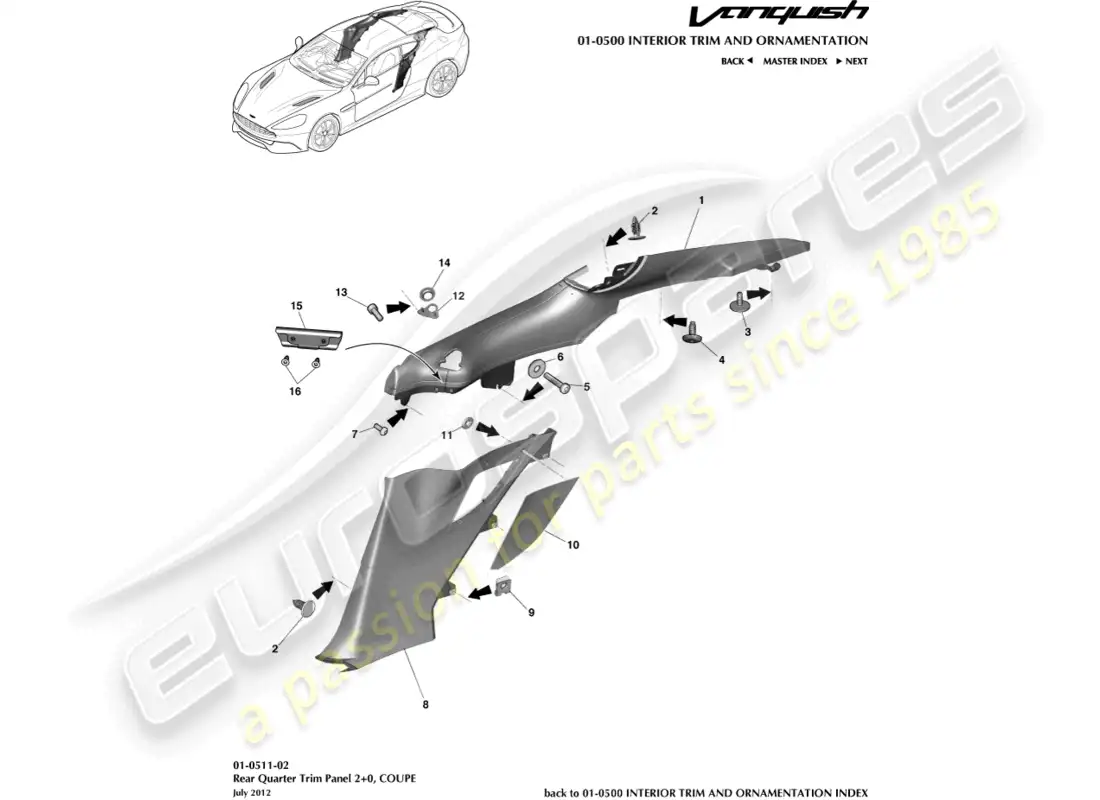 aston martin vanquish (2016) rear quarter trim panel, 2+0 coupe parts diagram