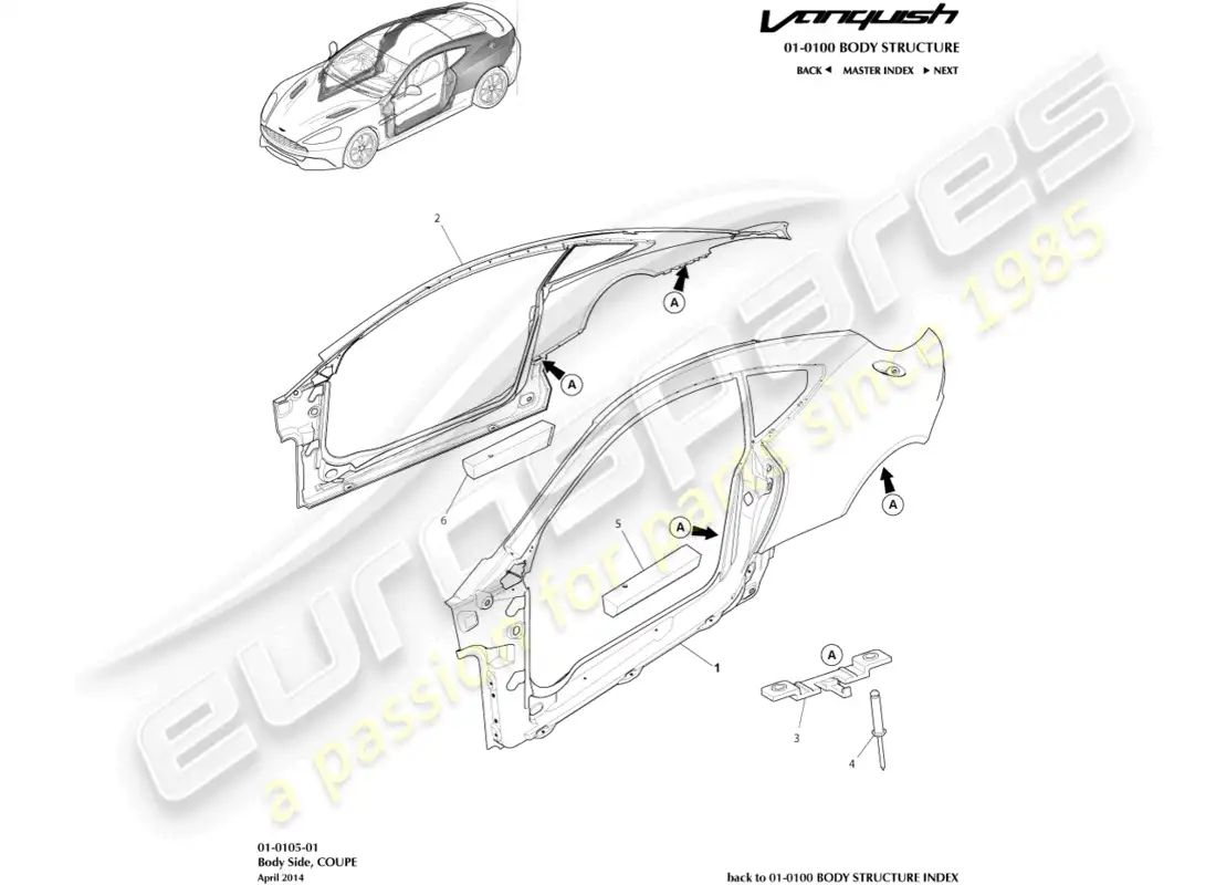 aston martin vanquish (2018) body side, coupe parts diagram