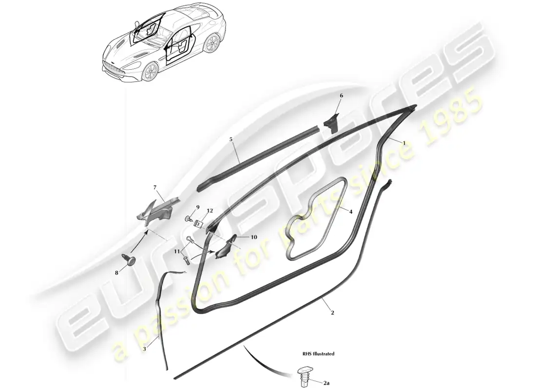 aston martin vanquish (2014) door weatherstrips, coupe parts diagram