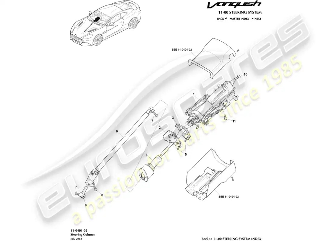aston martin vanquish (2017) steering column assembly parts diagram