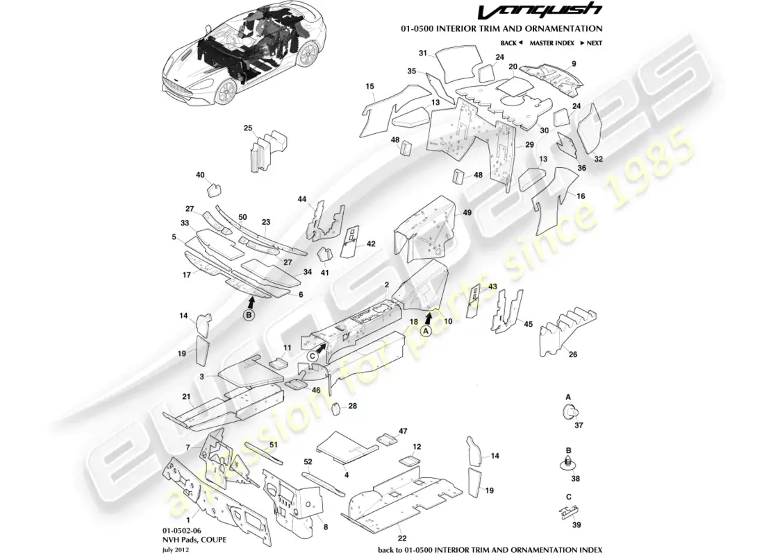 aston martin vanquish (2018) nvh pads, coupe parts diagram