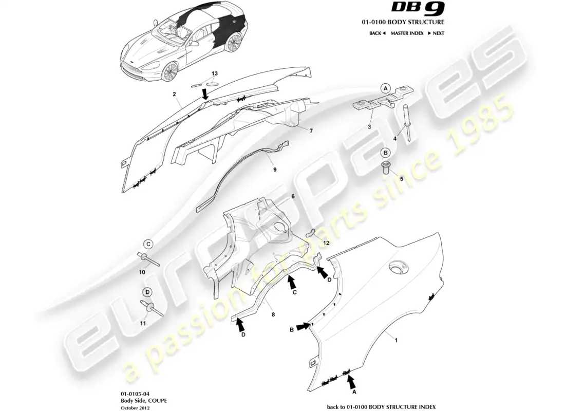 aston martin db9 (2013) body side, coupe parts diagram