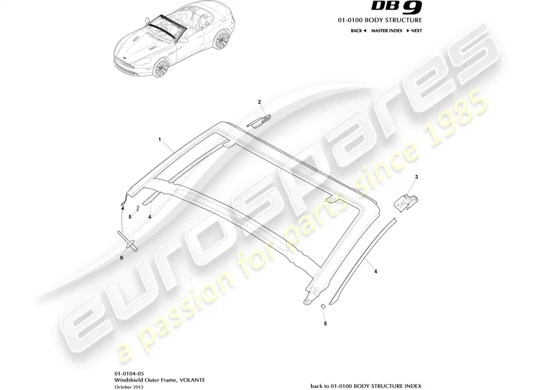aston martin db9 (2013) windshield outer frame, volante parts diagram