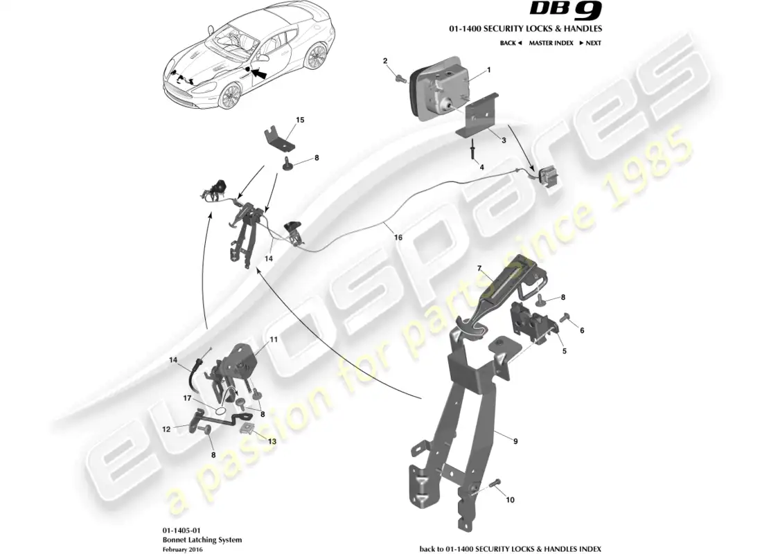 aston martin db9 (2013) bonnet latch & actuation parts diagram
