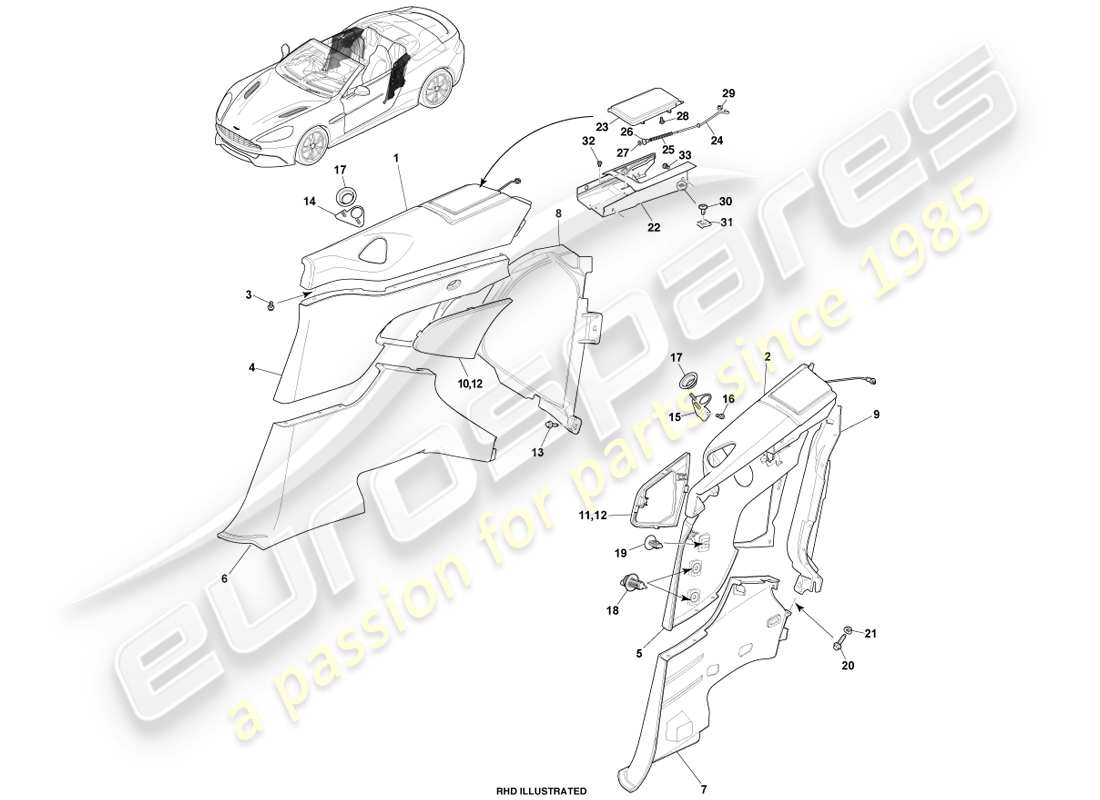 aston martin vanquish (2013) rear quarter trim panel, volante part diagram