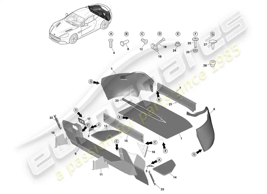 aston martin vanquish (2013) load compartment trim, coupe parts diagram