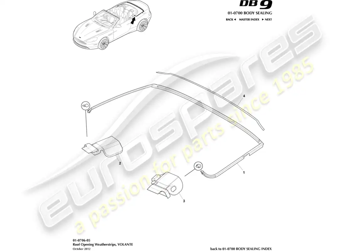 aston martin db9 (2015) roof opening weatherstrip, volante parts diagram