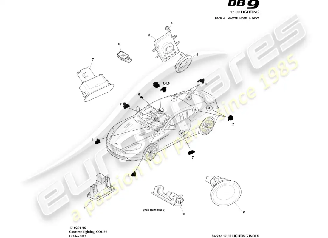 aston martin db9 (2017) courtest lighting, coupe parts diagram