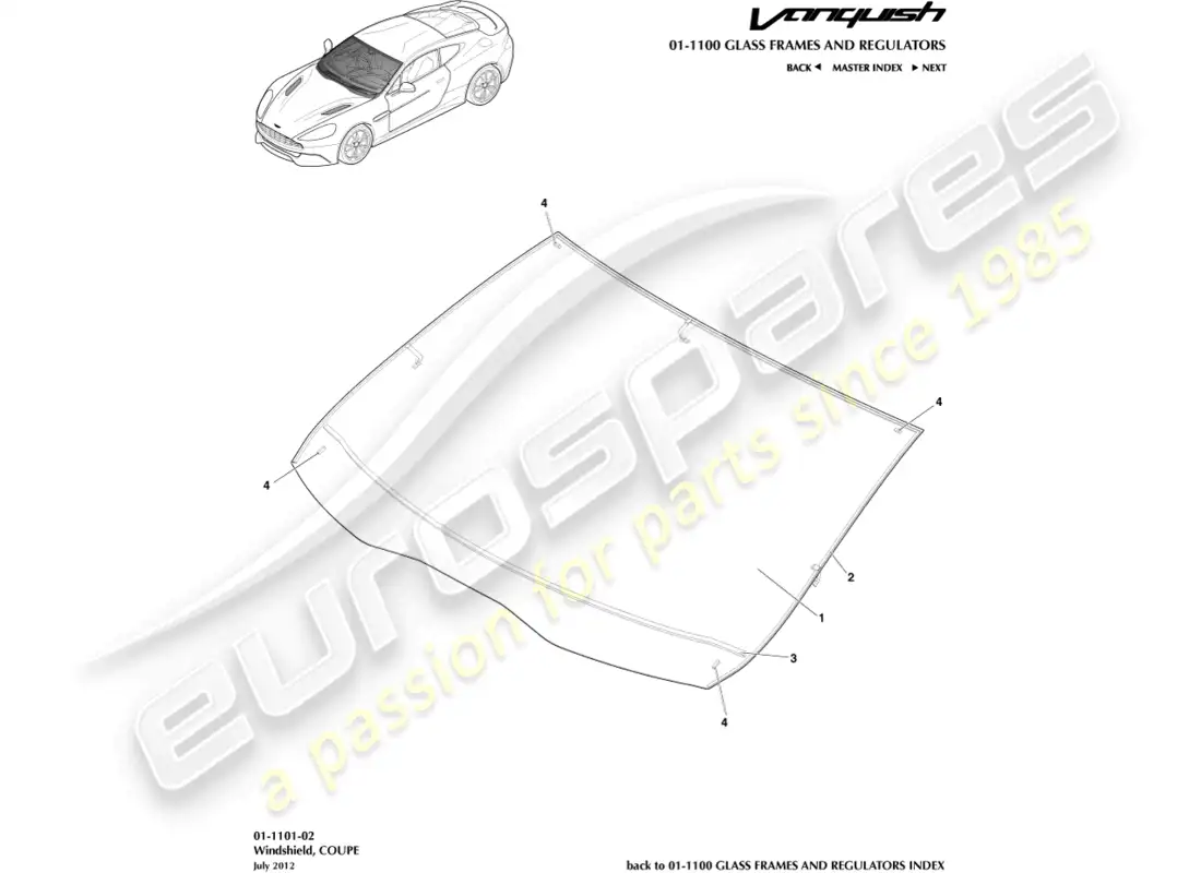 aston martin vanquish (2015) windshield, coupe parts diagram
