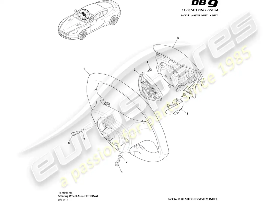 aston martin db9 (2013) steering wheel, optional parts diagram