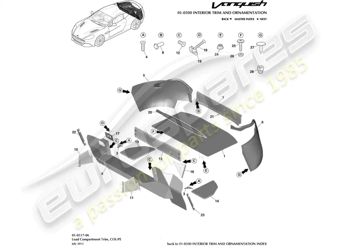 aston martin vanquish (2018) load compartment trim, coupe parts diagram