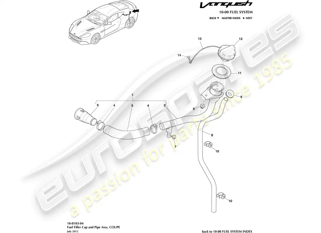 aston martin vanquish (2015) fuel filler assembly, coupe parts diagram