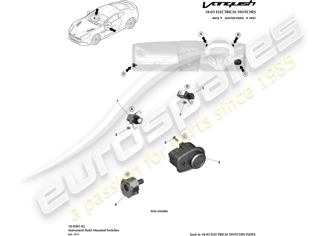 aston martin vanquish (2015) ip switches parts diagram