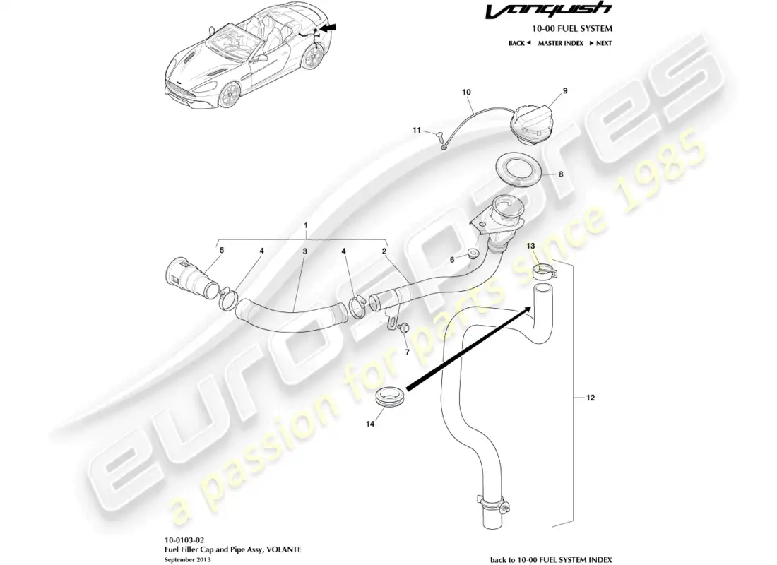 aston martin vanquish (2015) fuel filler assembly, volante parts diagram