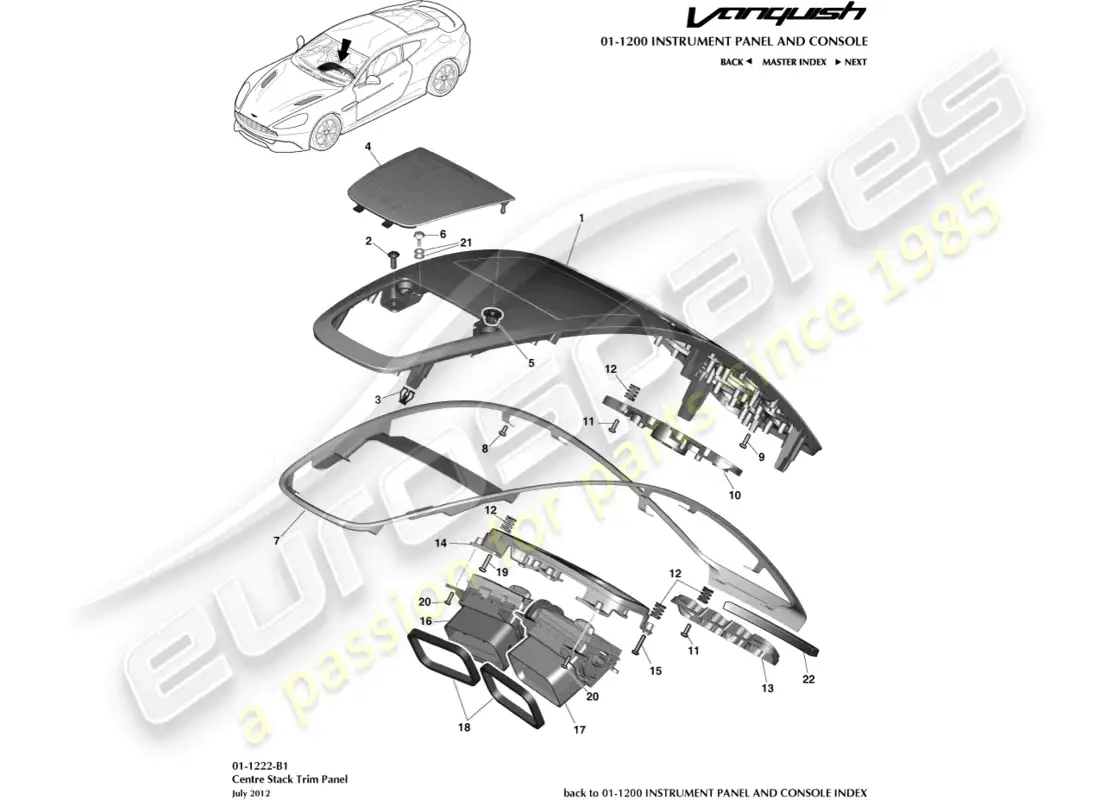 aston martin vanquish (2015) centre stack trim panel parts diagram