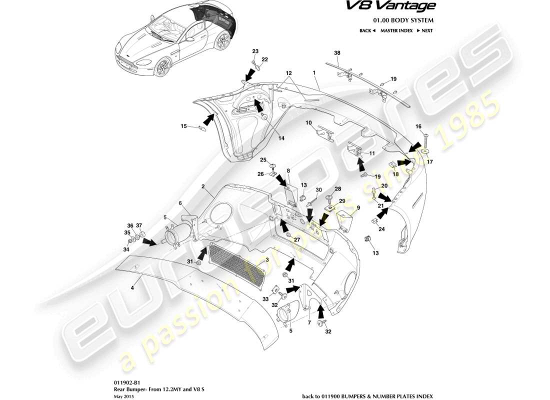 aston martin vantage gt8 (2017) rear bumper, 12.25my on & v8s part diagram
