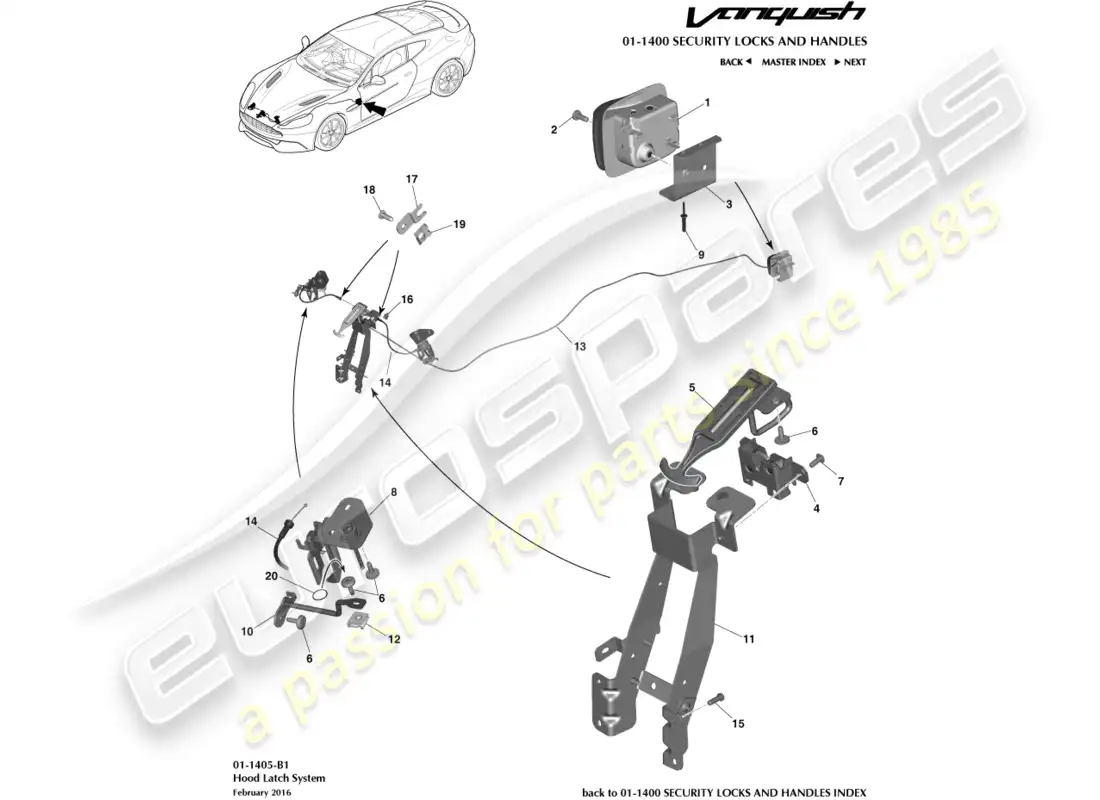 aston martin vanquish (2015) bonnet latch & actuation parts diagram