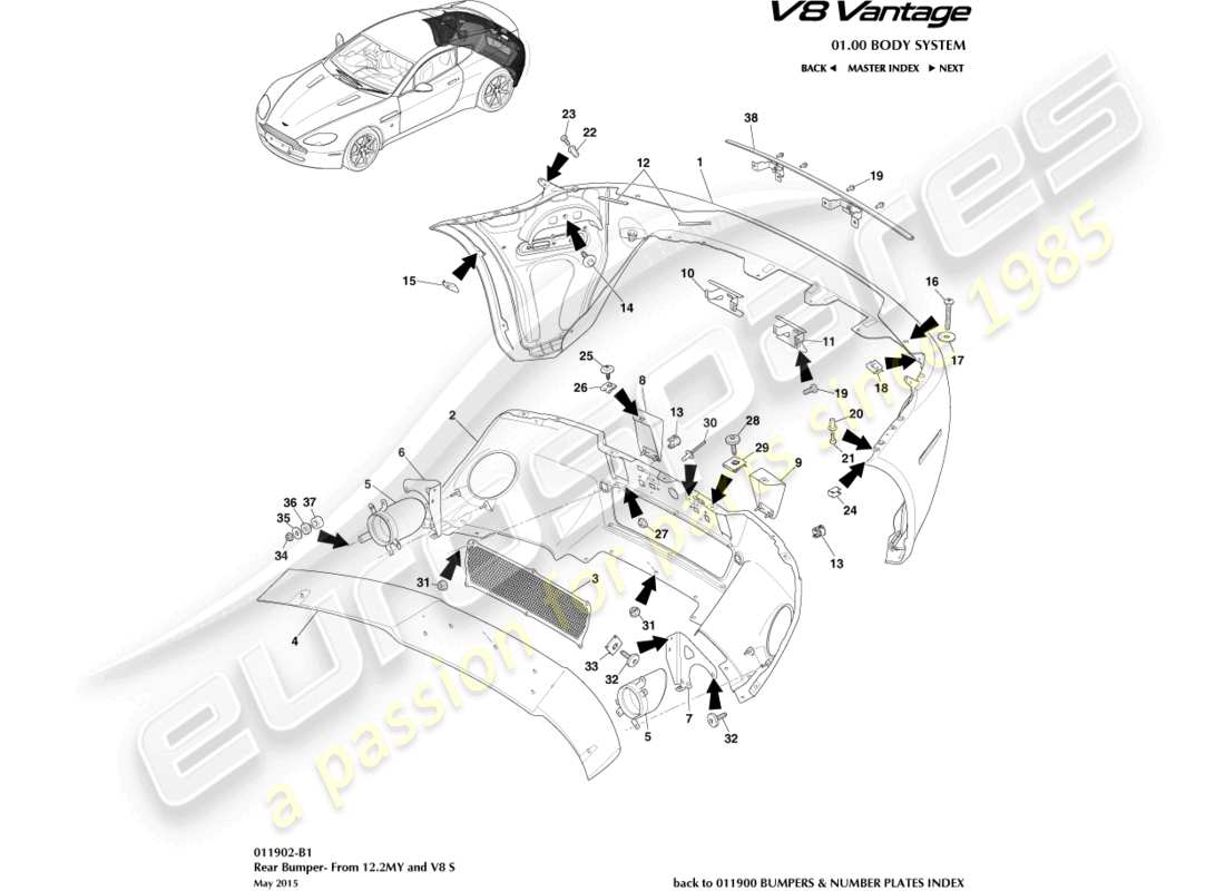 aston martin v8 vantage (2018) rear bumper, 12.25my on & v8s part diagram