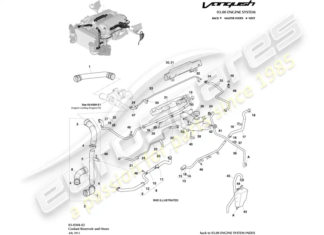 aston martin vanquish (2018) coolant reservoir & hoses parts diagram