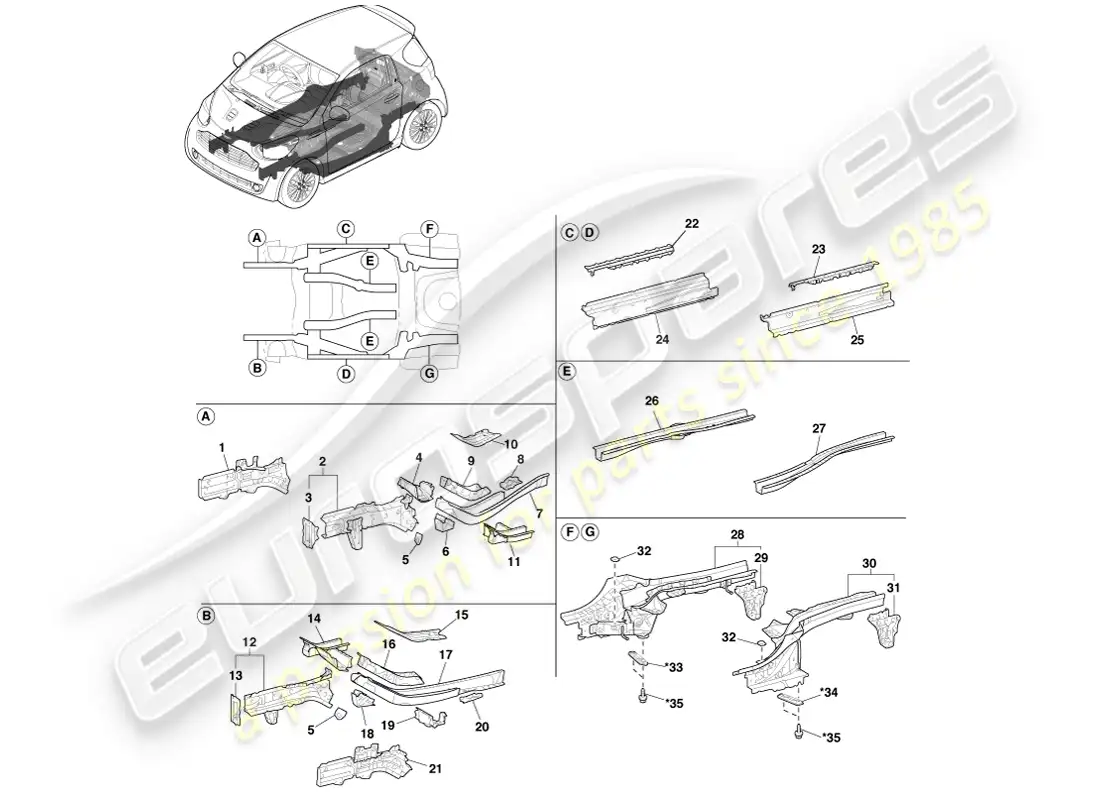 aston martin cygnet (2012) floor side members parts diagram
