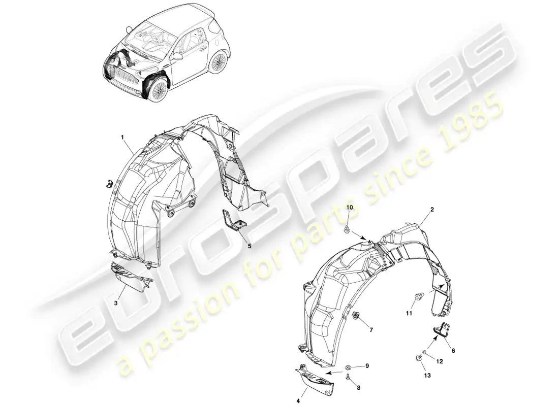 aston martin cygnet (2012) front wheel arch liners parts diagram